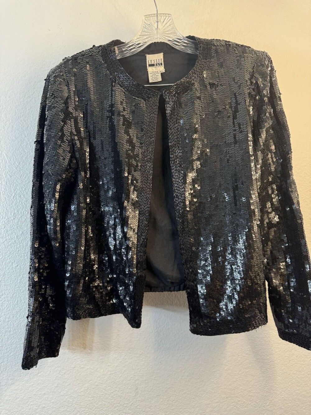 Leslie Fay Vtg 80s Beaded Sequin Top XL Womens Black Formal Evening Jacket Top